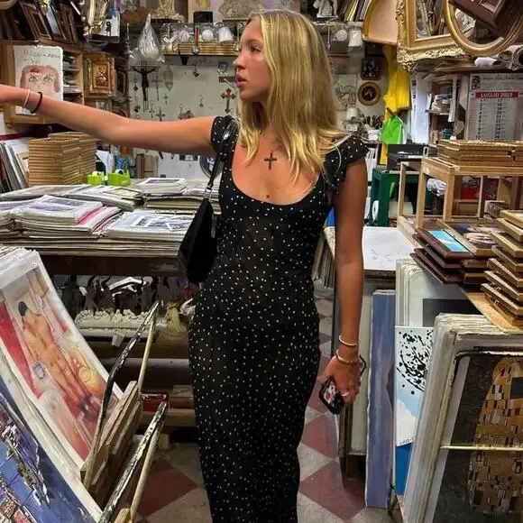 NWT Realisation Lila Silk Polka Dot Short Sleeve Bias Slip Maxi Dress Celestial - Picture 6 of 16